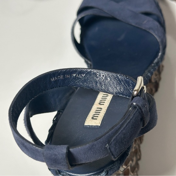 Miu Miu Suede Wooden Wedge Strappy Sandals - Picture 7 of 14